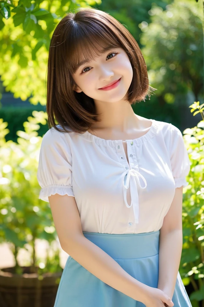 Highest quality、Super detailed、masterpiece、Real、写真Real、One girl、(cute17歳の少女、Small Head)、(cute:1.2)、Big smile、(Brown Hair、Short bob hair)、Brown eyes、Perfect Glowing Skin、((Slender))、((Perfect body))、Model pose、Accurate depiction、w 、White shirt、Blue Skirt、Red tie、Big ample breasts、Bright lighting、sunny day、garden、Blurred background