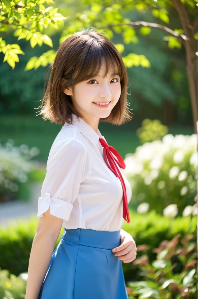 Highest quality、Super detailed、masterpiece、Real、写真Real、One girl、(cute17歳の少女、Small Head)、(cute:1.2)、Big smile、(Brown Hair、Short bob hair)、Brown eyes、Perfect Glowing Skin、((Slender))、((Perfect body))、Model pose、Accurate depiction、w 、White shirt、Blue Skirt、Red tie、Big ample breasts、Bright lighting、sunny day、garden、Blurred background