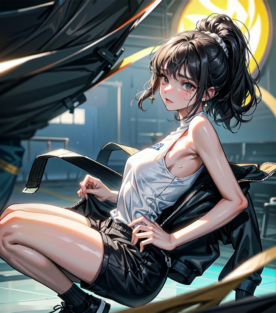 full body, delicate  features, medium , medium hair, black hair, tearful mole, earring, tracksuit, (sleeveless,  arms), shorts, stadium,