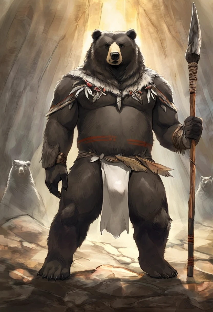 Solitary，Correct ，Black Bear，personification，strong，uncle，White，Original costume，Loincloth，warrior，Standing guard，Standing in front of the audience，Looking at the audience，Holding a spear，Primitive tribal background（1.2）。