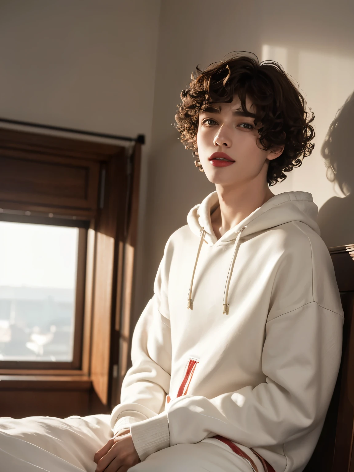 (Masterpiece, Hyperrealistic, 8k, HDR, RAW), ((Window illumination)), artificial illumination, inside illumination, ((Sitting)), (((Inside cozy bedroom))), ((handsome boy)), american boy, cute boy, ((Pale skin)), 18 years old, ((twink)), ((Cat Hoodie)), ((Pajamas)), ((Red lips)), (((Mascara)), ((Short curly hair)), ((Slim body)), ((Brown hair)), sexy face, big eyes, grin, perfect anatomy