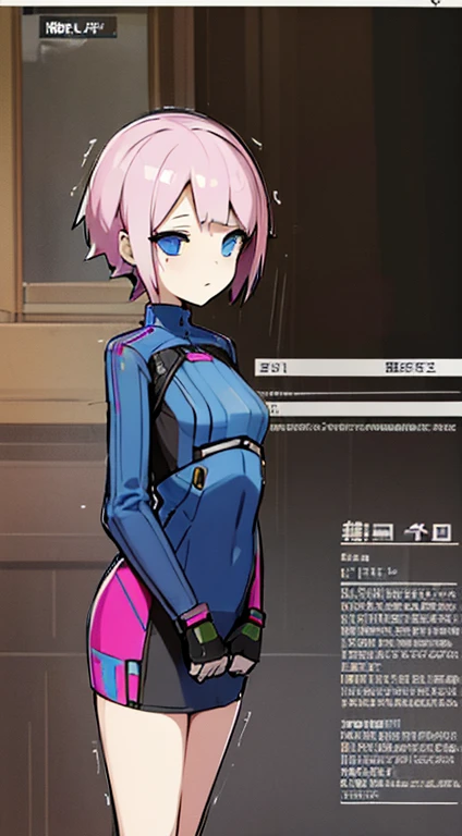 ((mechanical girl inspired by a wifi adapter)), (CHARACTER SHEET), pink SHORT HAIR, BLUE EYES