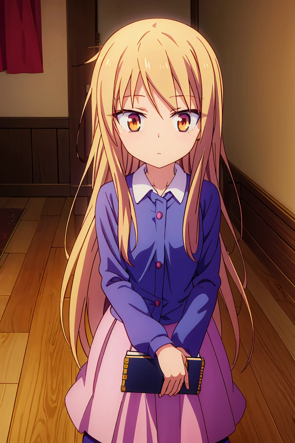 Anime girl, Shiina Mashiro, Mashiro, Anime Sakurasou, long blonde hair, orange eyes, unimpressive, , witch outfit, magic book, Wooden room, Pictures, posters