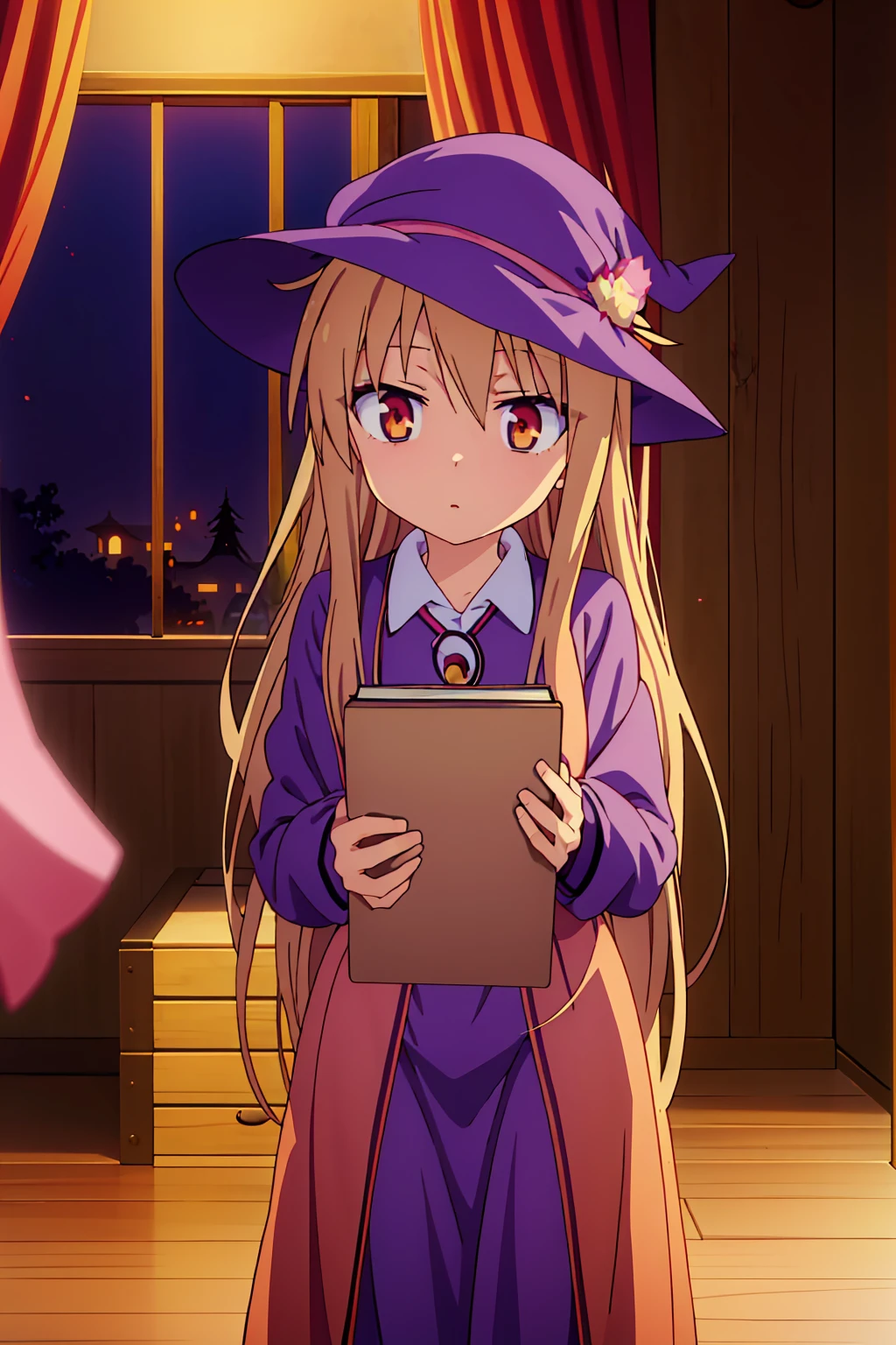 Anime girl, Shiina Mashiro, Mashiro, Anime Sakurasou, long blonde hair, orange eyes, unimpressive, , witch outfit, magic book, Wooden room, Pictures, posters