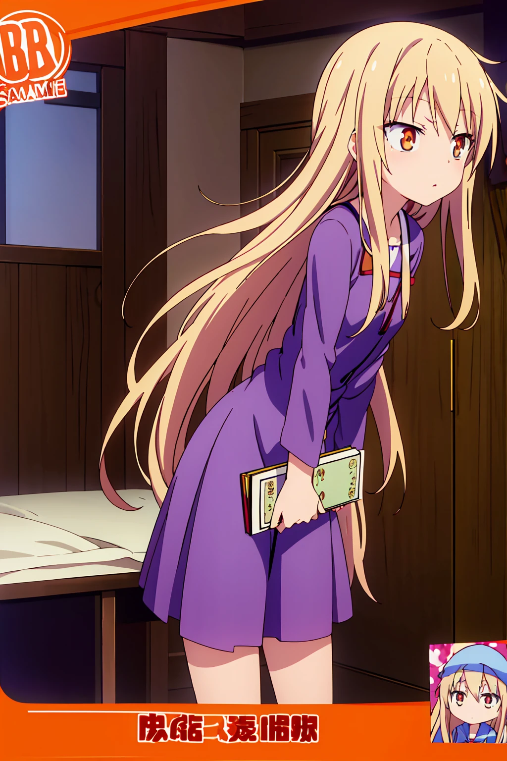 Anime girl, Shiina Mashiro, Mashiro, Anime Sakurasou, long blonde hair, orange eyes, unimpressive, , witch outfit, magic book, Wooden room, Pictures, posters