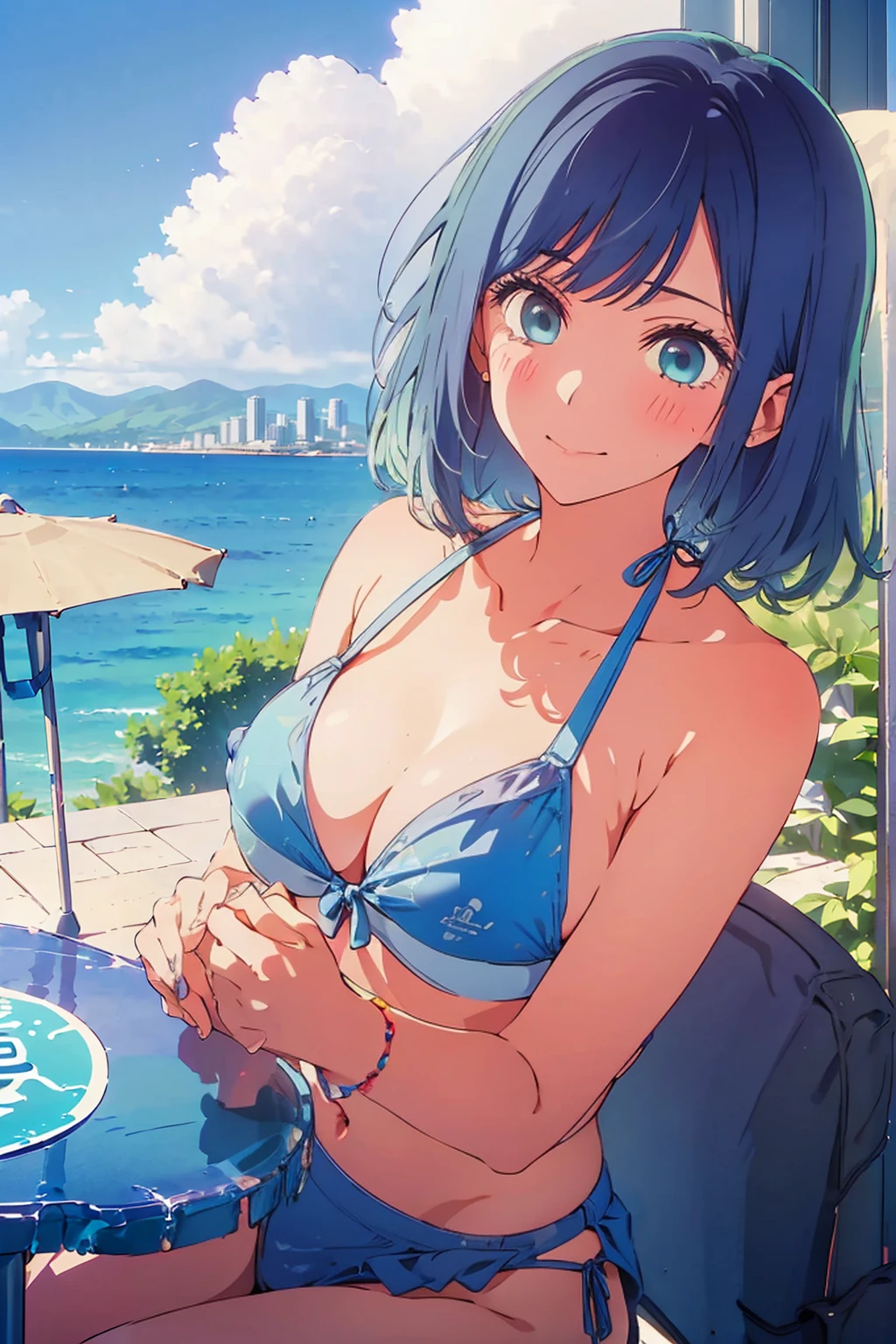 (Highest quality:1.4、8K:1.4、detailed)、F cup bust、Big Breasts、Slim body、Very white beautiful skin、((((1 person、Surprised expression、sit、Chair、In the background are the urban buildings of Tokyo、looking at the camera、Outdoor café terrace、coastal、Navy hair color、juice、Shooting up close、table、Very cute face))))、(Covering her bikini nipples with her hands:1.6)、Very blue sky、A completely cloudless sky