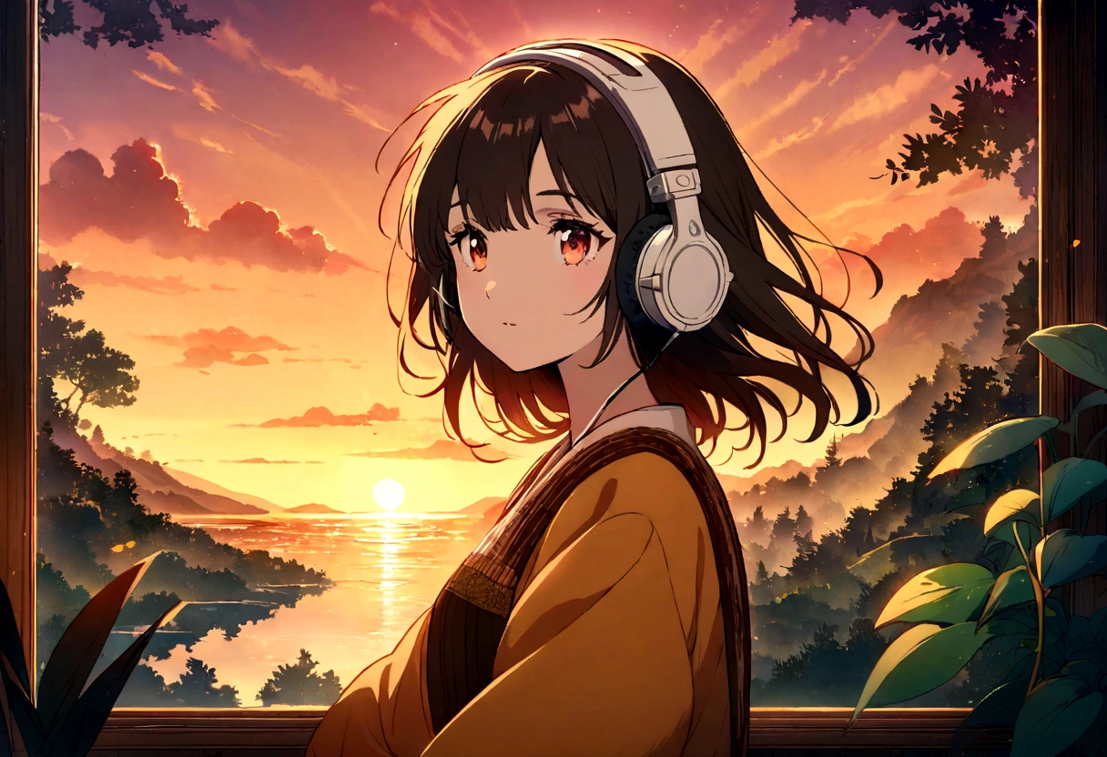 A young woman with headphones, entranced by the stunning sunset before her. She radiates peace and contentment, her eyes reflecting the warm hues of the sky as she basks in the glow of nature's beauty. This scene is portrayed in a beautifully detailed anime-style painting, capturing the girl's serene expression and the vibrant colors of the setting sun. The cozy atmosphere of her home is evident in the warm lighting and comfortable surroundings, enhancing the overall sense of tranquility and comfort emanating from the image.