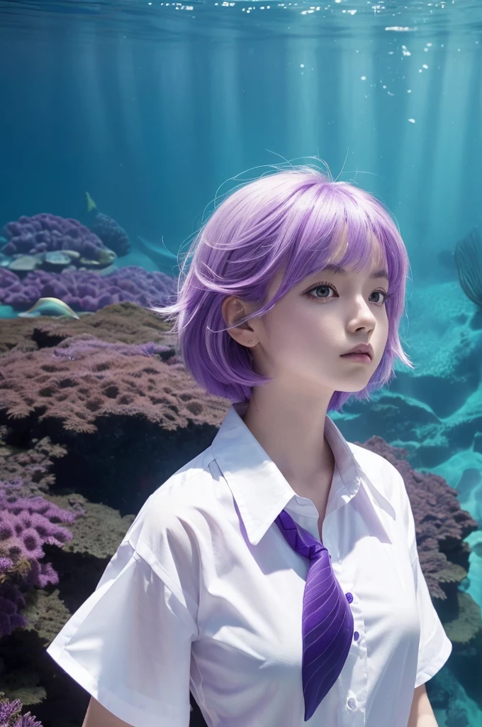 (One girl), (alone), (Focus on women), (Ahoge, Purple Hair, short hair), Iris, ((White shirt), (Buttoned shirt)), ((mermaid), (deep sea))