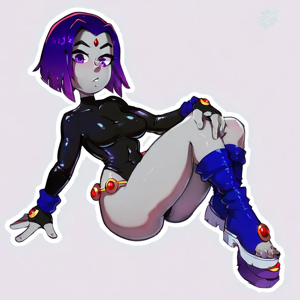 1girl, solo, Raven from Teen Titans, short hair, purple hair, purple eyes, red jewel in forehead, (grey skin:1.4), medium breasts,boots, ((skin tight leotard, black leotard,long sleeves, latex leotard, leotard aside, swimsuit aside, pussy)),low angle shot, (sitting on bench, spread legs, city park background), ((drooling, tongue out, blushing, orgasm face, sweating, heart pupils )) , (thicc:1.4), full body, boots,((fingering vagina, masturbating))