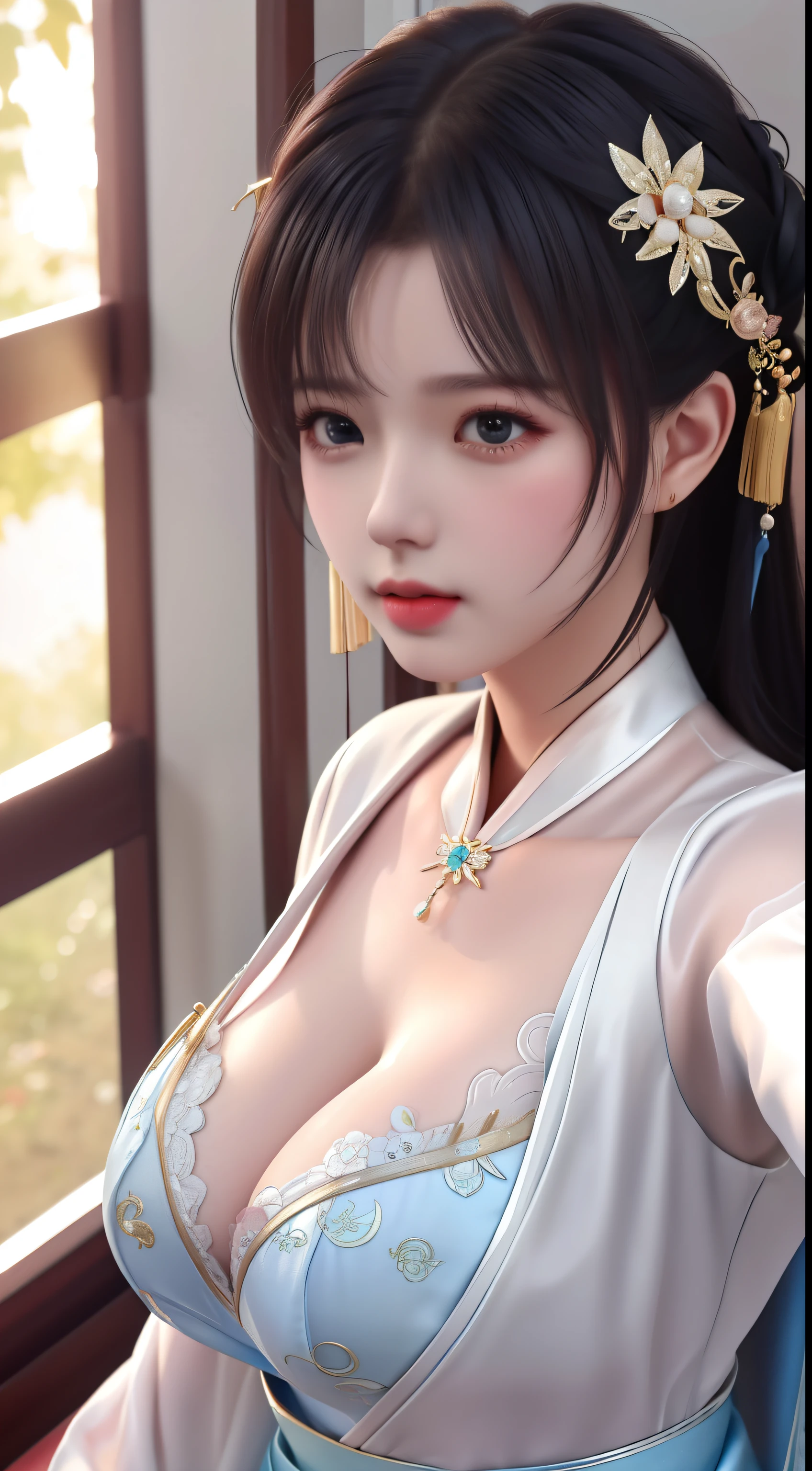 best quality, masterpiece, highres, 1girl,china dress,hair ornament,necklace, jewelry,Beautiful face,upon_body, tyndall effect,photorealistic, dark studio, rim lighting, two tone lighting,(high detailed skin:1.2), 8k uhd, dslr, soft lighting, high quality, volumetric lighting, candid, Photograph, high resolution, 4k, 8k, Bokeh, Wet-breasted Hanfu open V-chested clothes, All pictures, Wet body of thin silk fabric, Thin silk lace petticoat,princess 10 yeald old cute, (huge ，cleavage),petticoat, white pink, blue ，best qualtiy，tmasterpiece，Ultra-high resolution，（Reality：1.4），RAW photogr，（True skin texture：1.3），（filmgrain：1.3），（Selfie angle），1个Giant Breast Girl，Beautiful eye and face details，tmasterpiece，Best quality at best，exposing thighs，Bigchest，The chest is more exposed, pattern on fabric