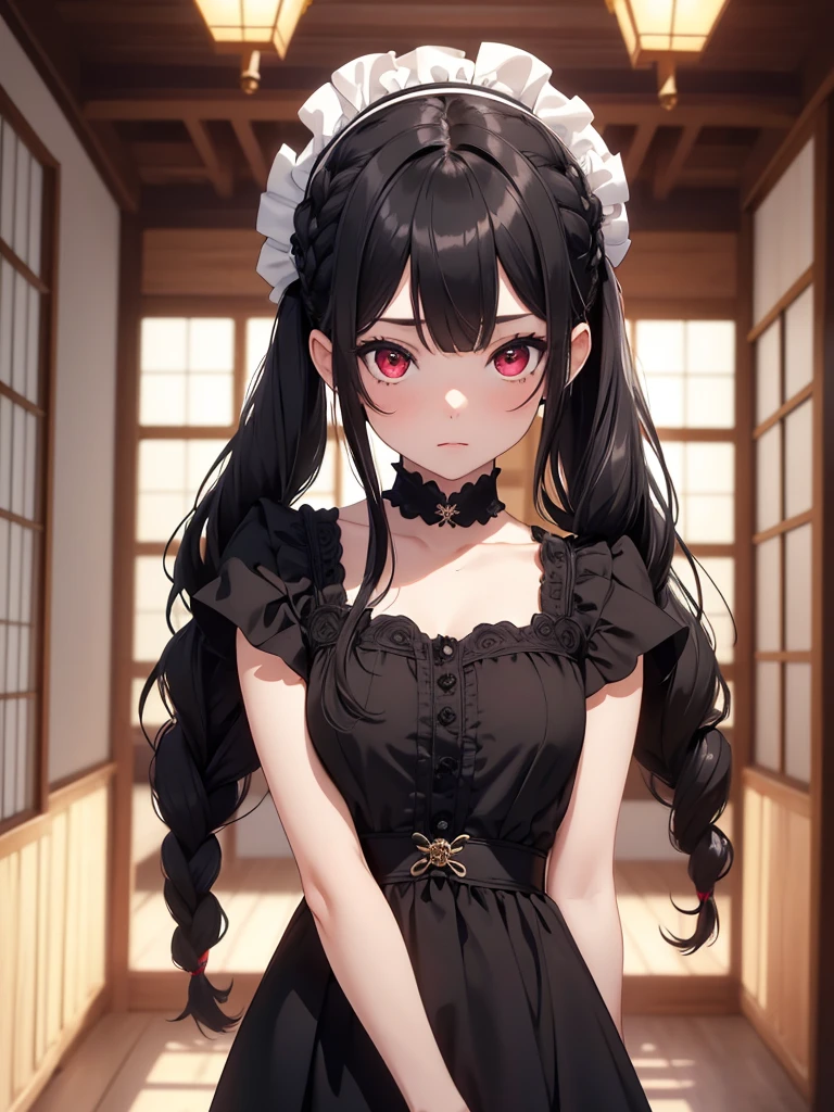 (8K, Best Quality, Masterpiece, Ultra High Resolution) 1 Girl, Girl is Young, Young Girl, Beautiful Eyes, Face Details, Black Hair, Pigtail Braids, Red Eyes, Pale Skin, Short Formal Dress, Cute Black Dress, Standing in Japanese Castle, Masterpiece, Best Quality, Upper Body, Looking at the Viewer, Close Up