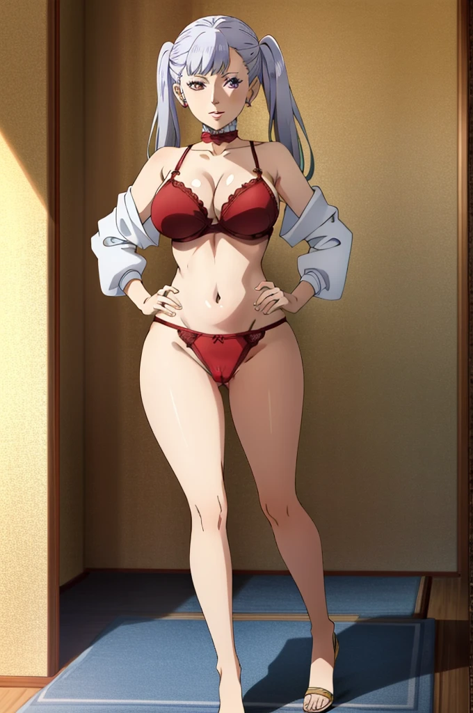 Noelle_BlackClover, earrings, twintails, jewelry, hand on hip, purple eyes, choker, grey hair, long hair, 1girl, solo, looking at viewer, big breasts, lips, huge breasts, small waist, thick thighs, nice thighs, cameltoe, nude top, breasts exposed, large breasts, perfect round breasts, red panties, red lace panties, cameltoe exposed, in bedroom, modern bedroom, perfect quality, good quality, masterpiece, HDR, UHD, 4K, ultra hd, in frame, perfect quality, good quality,