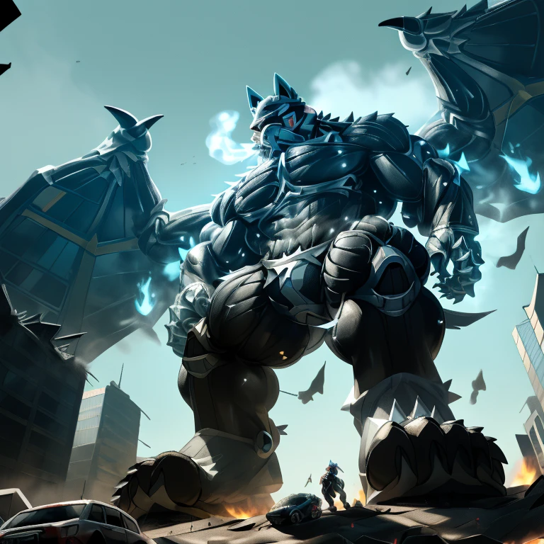 (masterpiece. official art. 8k. best quality. detailed full body. full body.)
(situation 1 : dominating LUCARIO. focus GIANT mechanical Muscular LUCARIO is trampling the CITY. macro. stomp. Low-angle perspective. emphasizing the immense size. The perspective is from below, emphasizing the sheer majesty and power of the Giant. giant art. He is much bigger than a skyscraper. Giga Giants. micro soccer field. looking down.)

(situation 2 :smoke and flames rising from the destruction in the city)

(Additional details 1: wearing a full-face helmet. helmet is jet black. The color of NANOSUIT is jet black. high-tech bio-mecha armor. real texture material. whole body shines like metal. Wearing cyberpunk mecha. emphasizes the muscles. suit fully made of metal. intricate armor. Robotic suit. suit fully made of metal. NANOSUIT with the same design as LUCARIO.). (Lucario has 5 toes.)

(Additional details 2: (Detailed head. Detailed Body. Detailed abs. gigantic muscles. HYPER MUSCLES. Gigachad Muscular. big muscle. pecs. triceps. traps. unusually developed muscular body. body full of huge muscles. showing off muscles. pectorales enormes. Exaggeratedly huge muscles. huge muscles. long legs.).

(Additional details 3: nj5furry, Spread wings. It has wings. black have big wings. The claws are sharp. Sharp teeth.5 toes.). 