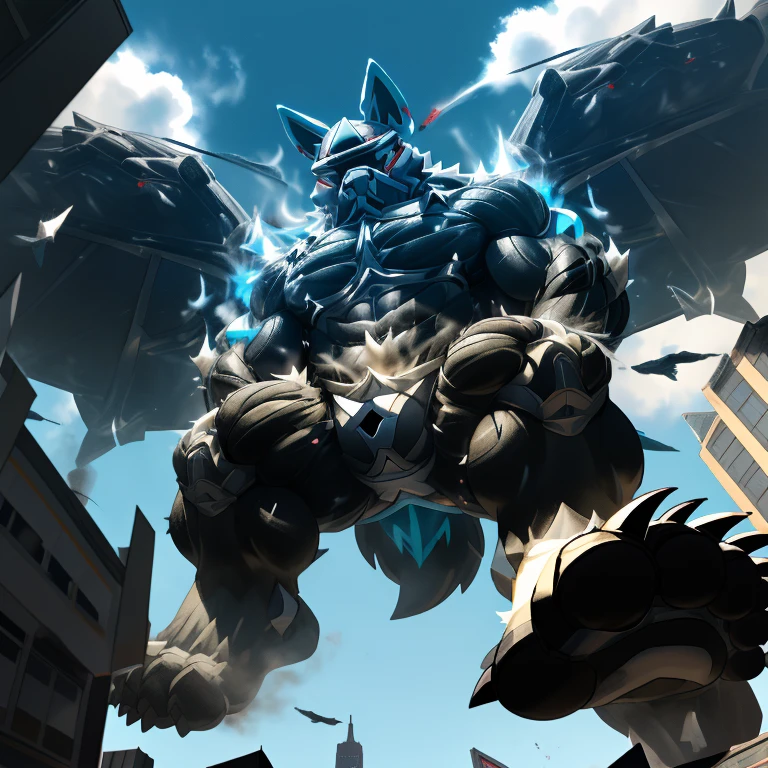 (masterpiece. official art. 8k. best quality. detailed full body. full body.)
(situation 1 : dominating LUCARIO. focus GIANT mechanical Muscular LUCARIO is trampling the CITY. macro. stomp. Low-angle perspective. emphasizing the immense size. The perspective is from below, emphasizing the sheer majesty and power of the Giant. giant art. He is much bigger than a skyscraper. Giga Giants. micro soccer field. looking down.)

(situation 2 :smoke and flames rising from the destruction in the city)

(Additional details 1: wearing a full-face helmet. helmet is jet black. The color of NANOSUIT is jet black. high-tech bio-mecha armor. real texture material. whole body shines like metal. Wearing cyberpunk mecha. emphasizes the muscles. suit fully made of metal. intricate armor. Robotic suit. suit fully made of metal. NANOSUIT with the same design as LUCARIO.). (Lucario has 5 toes.)

(Additional details 2: (Detailed head. Detailed Body. Detailed abs. gigantic muscles. HYPER MUSCLES. Gigachad Muscular. big muscle. pecs. triceps. traps. unusually developed muscular body. body full of huge muscles. showing off muscles. pectorales enormes. Exaggeratedly huge muscles. huge muscles. long legs.).

(Additional details 3: nj5furry, Spread wings. It has wings. black have big wings. The claws are sharp. Sharp teeth.5 toes.). 