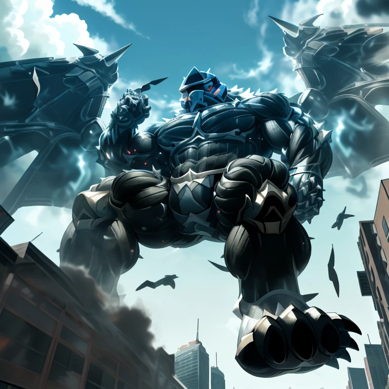 (masterpiece. official art. 8k. best quality. detailed full body. full body.)
(situation 1 : dominating LUCARIO. focus GIANT mechanical Muscular LUCARIO is trampling the CITY. macro. stomp. Low-angle perspective. emphasizing the immense size. The perspective is from below, emphasizing the sheer majesty and power of the Giant. giant art. He is much bigger than a skyscraper. Giga Giants. micro soccer field. looking down.)
(situation 2 :smoke and flames rising from the destruction in the city)
(Additional details 1: wearing a full-face helmet. helmet is jet black. The color of NANOSUIT is jet black. high-tech bio-mecha armor. real texture material. whole body shines like metal. Wearing cyberpunk mecha. emphasizes the muscles. suit fully made of metal. intricate armor. Robotic suit. suit fully made of metal. NANOSUIT with the same design as LUCARIO.). (Lucario has 5 toes.)
(Additional details 2: (Detailed head. Detailed Body. Detailed abs. gigantic muscles. HYPER MUSCLES. Gigachad Muscular. big muscle. pecs. triceps. traps. unusually developed muscular body. body full of huge muscles. showing off muscles. pectorales enormes. Exaggeratedly huge muscles. huge muscles. long legs.).
(Additional details 3: nj5furry, Spread wings. It has wings. black have big wings. The claws are sharp. Sharp teeth.5 toes.).