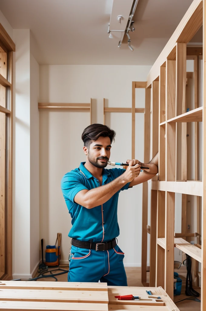 Image of a lively and pretty builder fixing up an apartment 