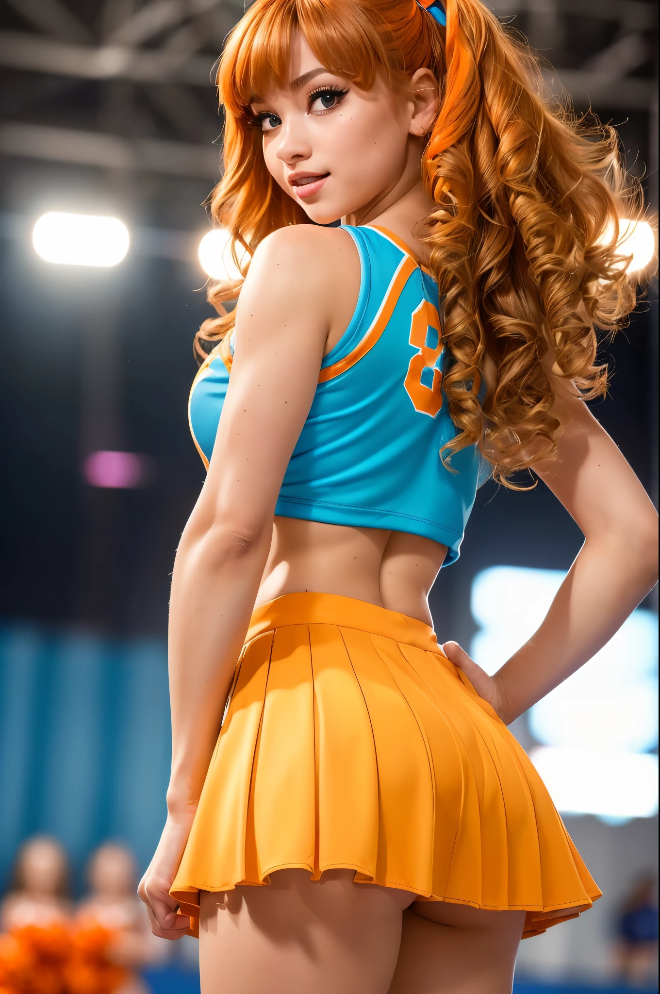 (Masterpiece, Professional lighting, 16k, 8k wallpaper, raw photo, photorealistic:1.8, ultra detailed, , 16 mm lens, (Masterpiece, Professional lighting, 16k, 8k wallpaper, raw photo, photorealistic:1.8, ultra detailed, slightly wide angle lens, natural lighting, detailed skin, detailed joyous face, detailed eyes, 1 beautiful happy female cheerleader, cheerleader outfit, cheer squad leader during a game, full body image , long curly blond hair with bangs, hazel eyes, cheering:1.3, sexy cheer skirt, sexy top, team colors are orange and light blue, photo from behind