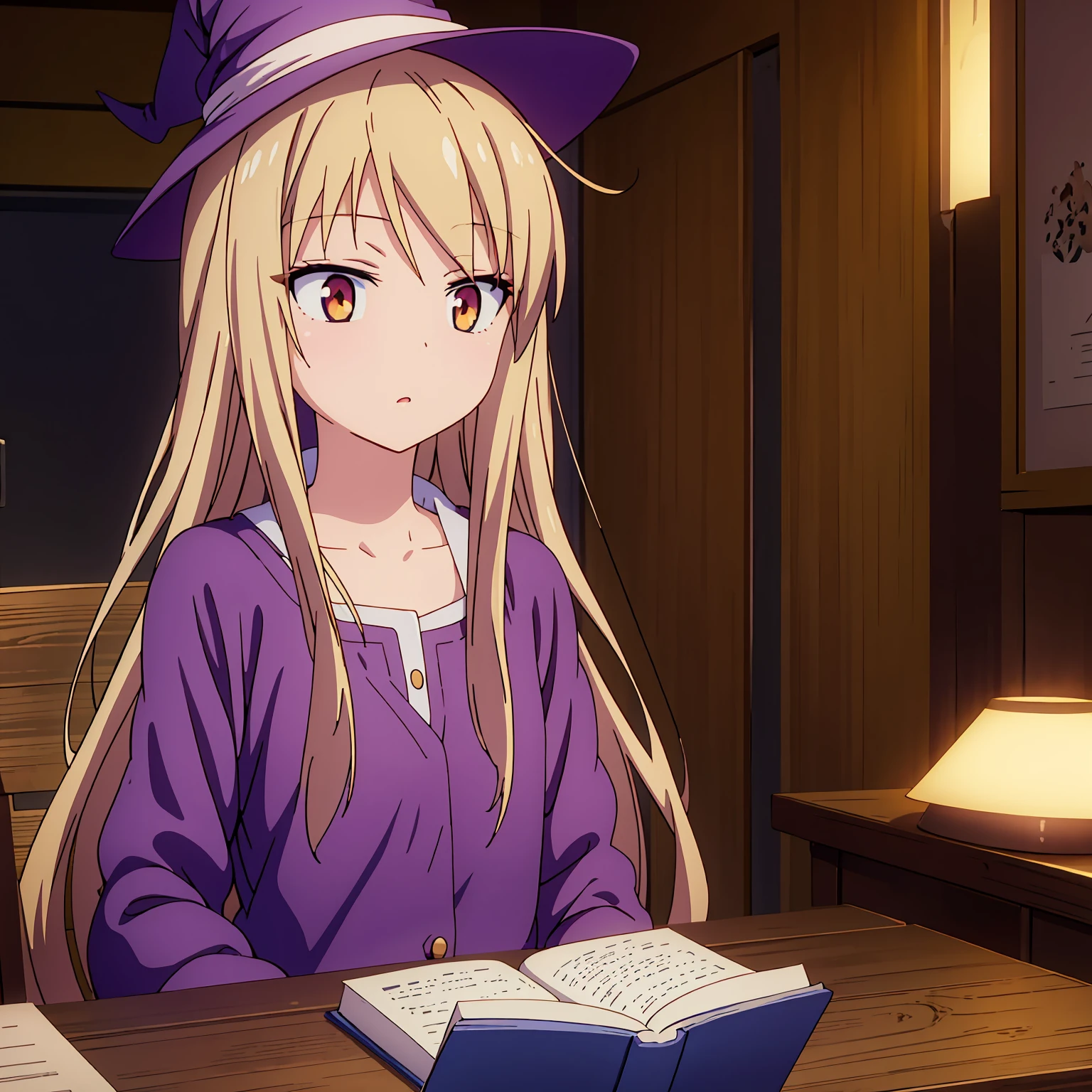 
Anime girl, Shiina Mashiro, Mashiro, Anime Sakurasou, long blonde hair, orange eyes, unimpressive, , witch outfit, magic book, Wooden room, Pictures, posters