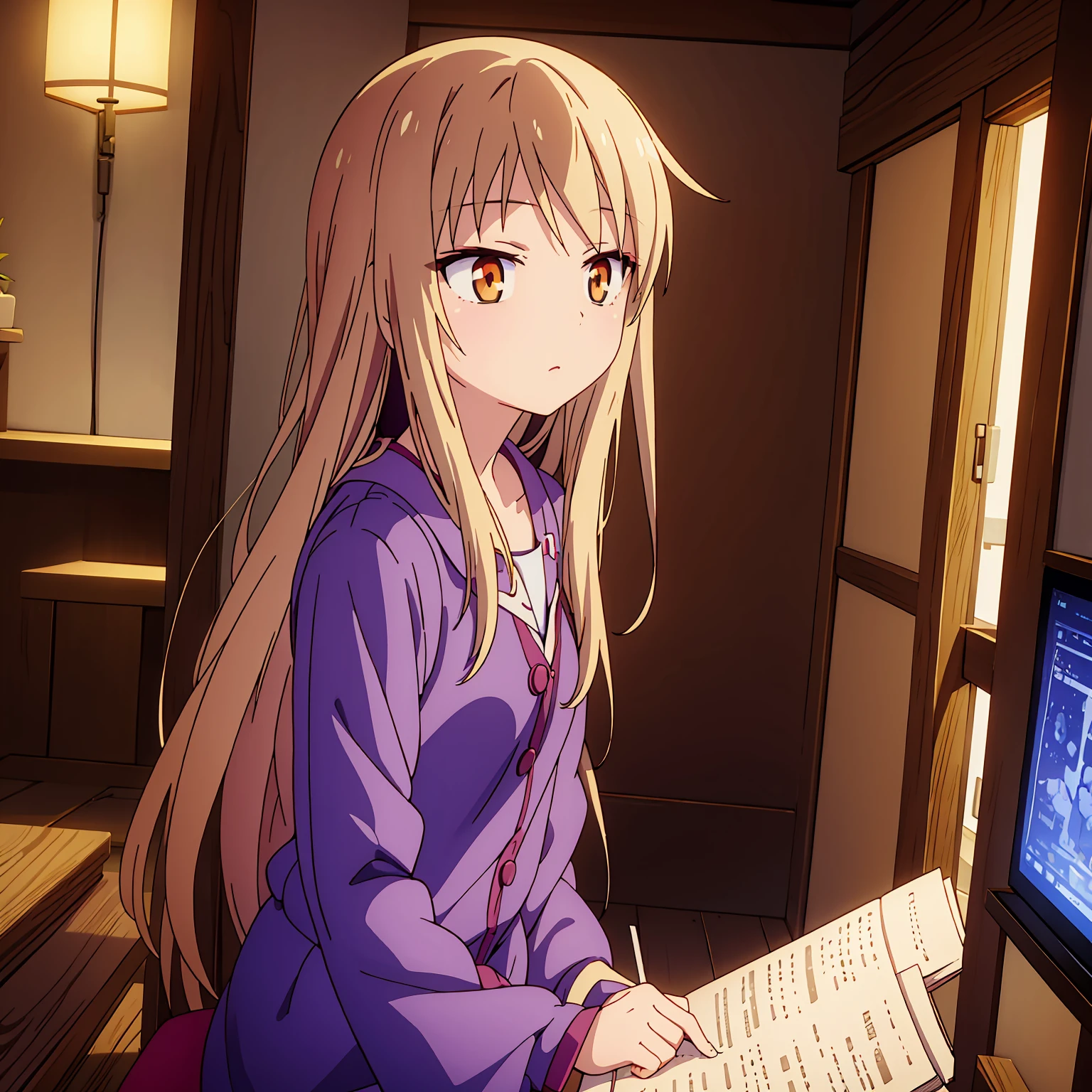 
Anime girl, Shiina Mashiro, Mashiro, Anime Sakurasou, long blonde hair, orange eyes, unimpressive, , witch outfit, magic book, Wooden room, Pictures, posters