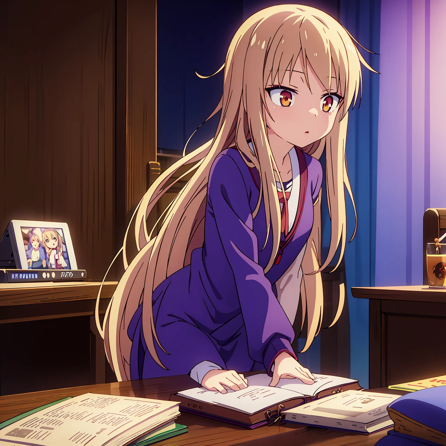 
Anime girl, Shiina Mashiro, Mashiro, Anime Sakurasou, long blonde hair, orange eyes, unimpressive, , witch outfit, magic book, Wooden room, Pictures, posters