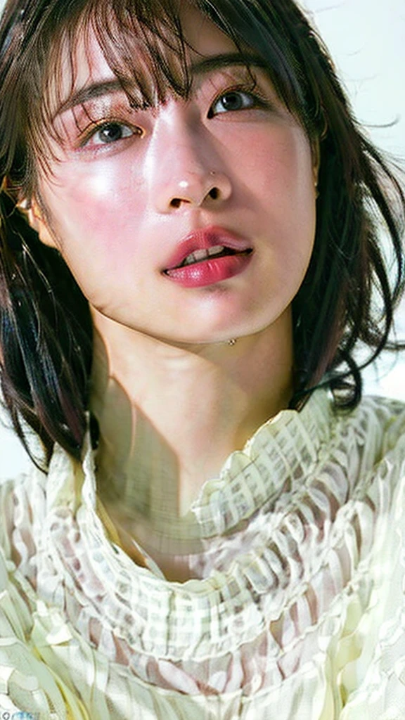((masutepiece,top-quality)), (photographrealistic:1.4),((masutepiece,8K))、white wall、(white room)、((full body photo))、shot in natural light、Highly detailed face and skin texture、highly detailed lips、correct state of the human body、Super high resolution、(Photoreal:1.4)、top quality, 1 beautiful woman, 28 years old, s, 150mm lens、Light yellow Knit、(Dark brown medium shorthair)、Japanese woman、(dark brown hair)、Versatile poses、looking at the camera、Natural color lip、Winter clothes、 necklace、indoor