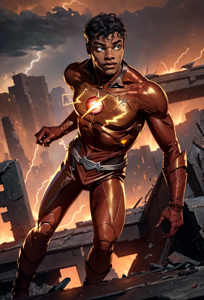 A realistic depiction of a 22-year-old African American Barry Allen, a.k.a. The Flash, running through an apocalyptic world, determined to save the universe from evil villains. Hyper-realistic, focusing on detailed textures and lifelike portrayal. Emphasis on the intensity and urgency of Barry's mission with dramatic lighting and atmospheric effects.A devastated urban landscape, the remnants of a once-great city now in ruins. Skyscrapers are partially collapsed, vehicles are abandoned and overturned, and fires rage unchecked. The sky is a tumultuous mix of dark storm clouds and lightning, casting an eerie glow over the scene.Barry Allen, captured in mid-run. His figure is sharply focused, showing every muscle and expression in vivid detail. His face shows determination and resolve, eyes set straight ahead as he races against time.A young African American man with short, tightly curled hair and an athletic build. He wears a meticulously detailed version of the Flash suit, designed with a realistic texture that suggests advanced materials and wear from previous battles. The suit is primarily red with gold accents, slightly battle-worn, but still functional.Arcs of lightning in shades of red and gold trail behind Barry, illustrating the immense speed and power he commands. The ground beneath him cracks and sparks as he runs, emphasizing the force of his movement.In the background, vague shapes of menacing villains loom, shrouded in smoke and shadows. Their presence adds a palpable sense of danger and urgency. Other elements of chaos, like flying debris and shattered glass, further enhance the apocalyptic feel.The scene is charged with tension and energy, a world on the brink of collapse but with a glimmer of hope embodied by Barry.The contrast between the dark, ruined environment and the bright, electrifying presence of Barry underscores his role as a beacon of hope.