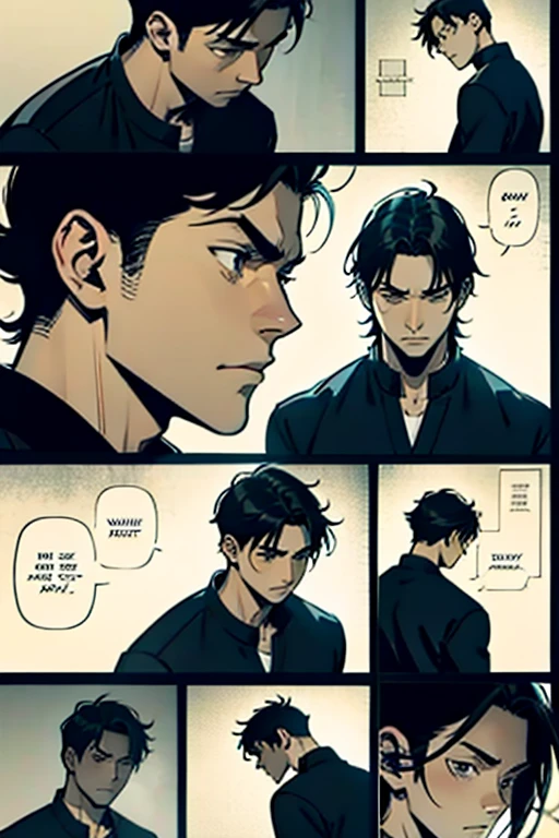 Guy with short black hair sad, manga page with panels and dialogue