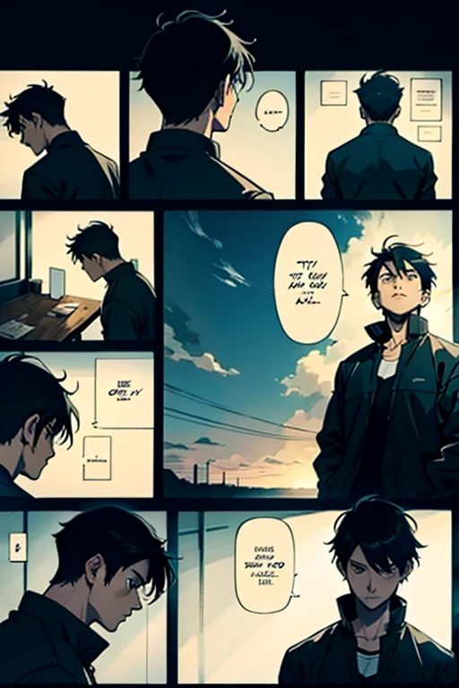 Guy with short black hair sad, manga page with panels and dialogue