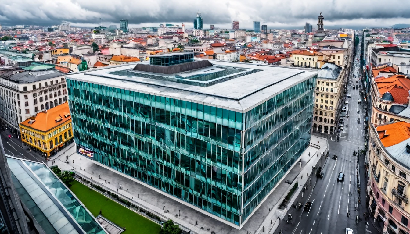 imposing building stands out in the city center, image captured from above, cloudy sky