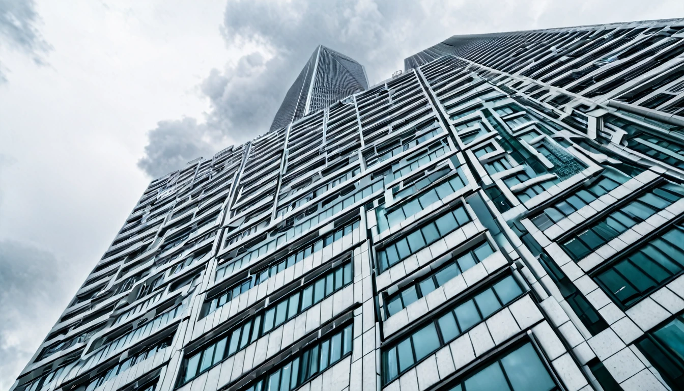 imposing building stands out in the city center, image captured from above, cloudy sky