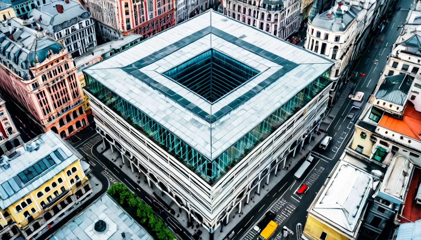 imposing building stands out in the city center, image captured from above, cloudy sky