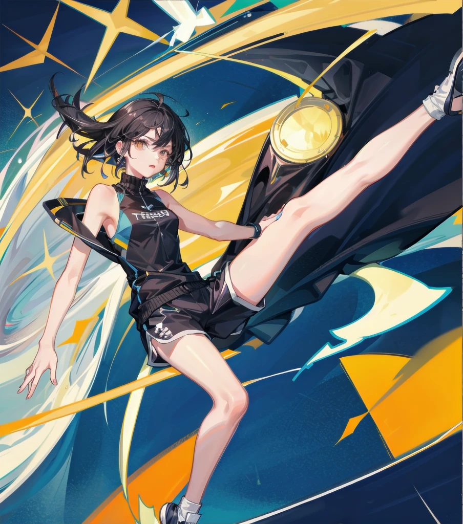 full body, delicate facial features, medium tits, medium hair, black hair, tearful mole, earring, tracksuit, (sleeveless, bare arms), shorts, stadium track,