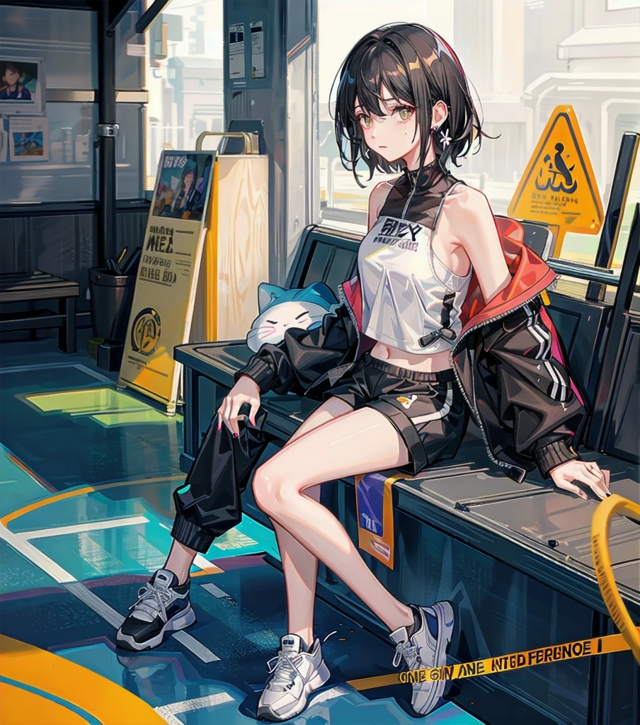 full body, delicate facial features, medium tits, medium hair, black hair, tearful mole, earring, tracksuit, (sleeveless, bare arms), shorts, stadium track,