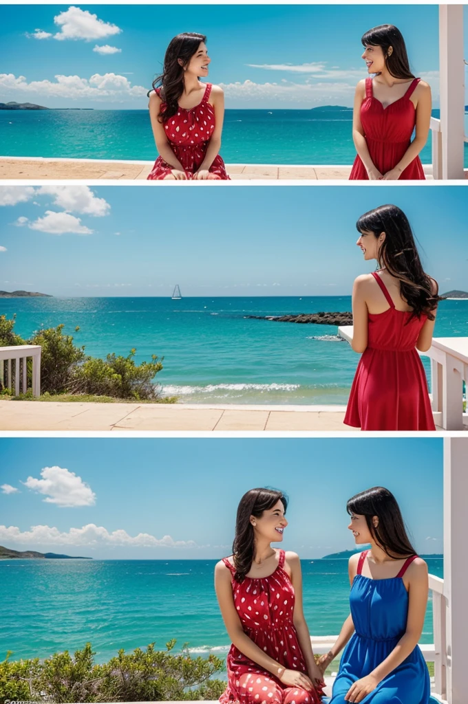 A captivating comic strip showing a romantic couple of two girls watching the sea. One of the girls is dressed in a strawberry-inspired dress and the other has a blue dress..