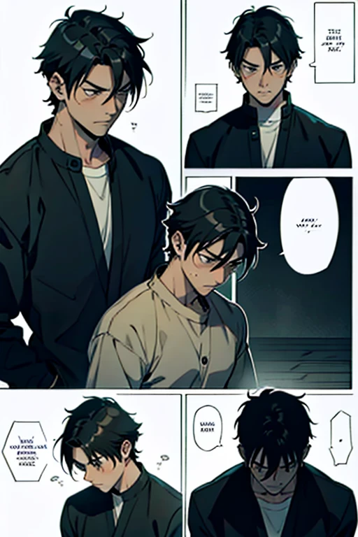 Guy with short black hair smoking, black sweater , manga page with panels and dialogue