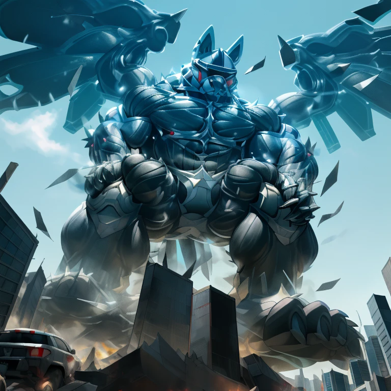 (masterpiece. official art. 8k. best quality. detailed full body. full body.)
(situation 1 : dominating LUCARIO. focus GIANT mechanical Muscular LUCARIO is trampling the CITY. macro. stomp. Low-angle perspective. emphasizing the immense size. The perspective is from below, emphasizing the sheer majesty and power of the Giant. giant art. He is much bigger than a skyscraper. Giga Giants. micro soccer field. looking down.)
(situation 2 :smoke and flames rising from the destruction in the city)
(Additional details 1: wearing a full-face helmet. helmet is jet black. The color of NANOSUIT is jet black. high-tech bio-mecha armor. real texture material. whole body shines like metal. Wearing cyberpunk mecha. emphasizes the muscles. suit fully made of metal. intricate armor. Robotic suit. suit fully made of metal. NANOSUIT with the same design as LUCARIO.). (Lucario has 5 toes.)
(Additional details 2: (Detailed head. Detailed Body. Detailed abs. gigantic muscles. HYPER MUSCLES. Gigachad Muscular. big muscle. pecs. triceps. traps. unusually developed muscular body. body full of huge muscles. showing off muscles. pectorales enormes. Exaggeratedly huge muscles. huge muscles. long legs.).
(Additional details 3: nj5furry, Spread wings. It has wings. black have big wings. The claws are sharp. Sharp teeth.5 toes.).