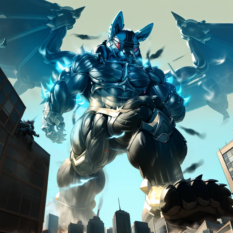 (masterpiece. official art. 8k. best quality. detailed full body. full body.)
(situation 1 : dominating LUCARIO. focus GIANT mechanical Muscular LUCARIO is trampling the CITY. macro. stomp. Low-angle perspective. emphasizing the immense size. The perspective is from below, emphasizing the sheer majesty and power of the Giant. giant art. He is much bigger than a skyscraper. Giga Giants. micro soccer field. looking down.)
(situation 2 :smoke and flames rising from the destruction in the city)
(Additional details 1: wearing a full-face helmet. helmet is jet black. The color of NANOSUIT is jet black. high-tech bio-mecha armor. real texture material. whole body shines like metal. Wearing cyberpunk mecha. emphasizes the muscles. suit fully made of metal. intricate armor. Robotic suit. suit fully made of metal. NANOSUIT with the same design as LUCARIO.). (Lucario has 5 toes.)
(Additional details 2: (Detailed head. Detailed Body. Detailed abs. gigantic muscles. HYPER MUSCLES. Gigachad Muscular. big muscle. pecs. triceps. traps. unusually developed muscular body. body full of huge muscles. showing off muscles. pectorales enormes. Exaggeratedly huge muscles. huge muscles. long legs.).
(Additional details 3: nj5furry, Spread wings. It has wings. black have big wings. The claws are sharp. Sharp teeth.5 toes.).