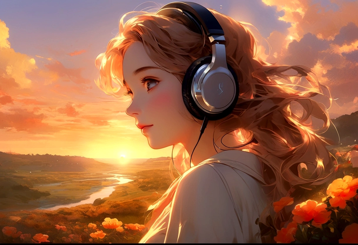 A young woman with headphones, entranced by the stunning sunset before her. She radiates peace and contentment, her eyes reflecting the warm hues of the sky as she basks in the glow of nature's beauty. This scene is portrayed in a beautifully detailed anime-style painting, capturing the girl's serene expression and the vibrant colors of the setting sun. The cozy atmosphere of her home is evident in the warm lighting and comfortable surroundings, enhancing the overall sense of tranquility and comfort emanating from the image.