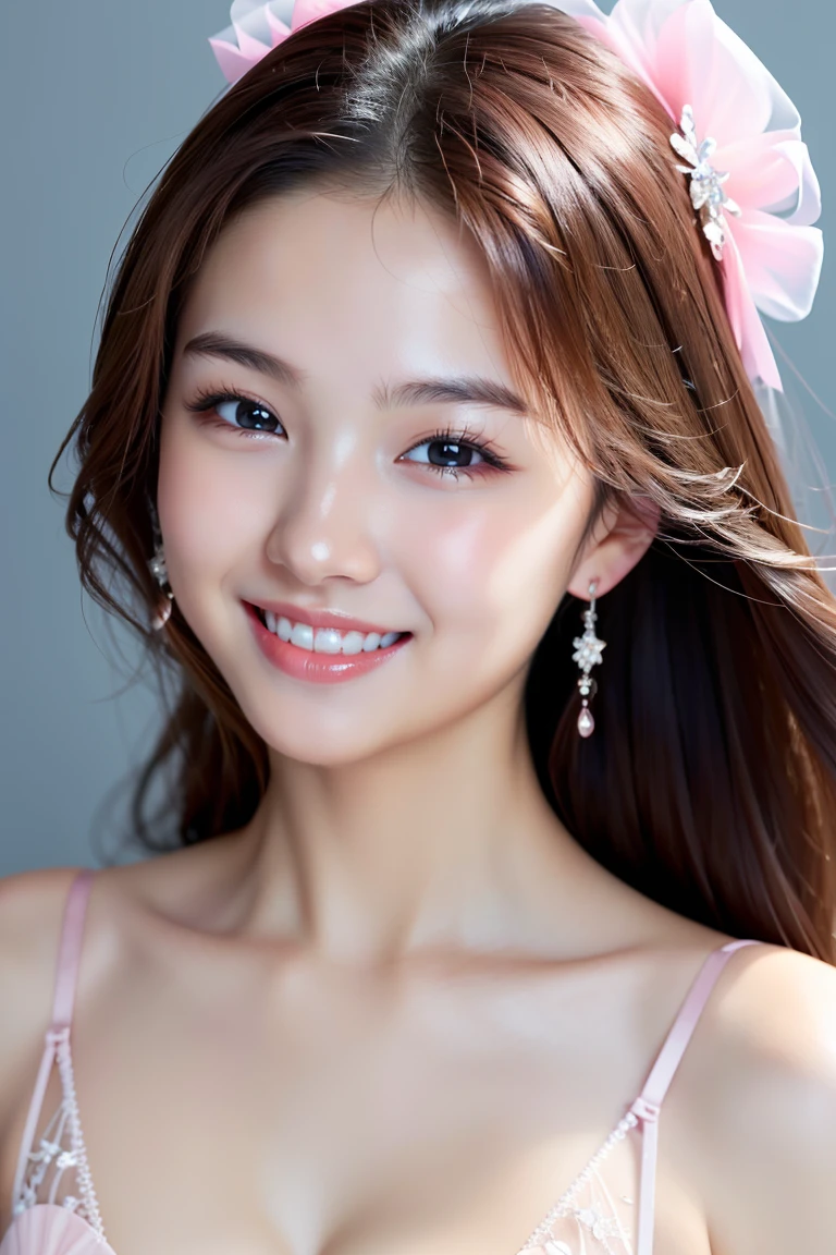 (Highest quality、Tabletop、、Best image quality)、1 female、(Close-up of face:1.2)、Light pink 、(Large :1.1)、( body:1.1)、Biggest Smile、Smiling with beautiful teeth、(Perfect and elegant Japanese style shoji screen background:1.2)、Ultra HD glowing bright skin、Glossy, moist skin、Sweaty face、Ultra-high definition sparkling eyes、Natural Makeup、Perfect 、Blurred Background、Gravure pose