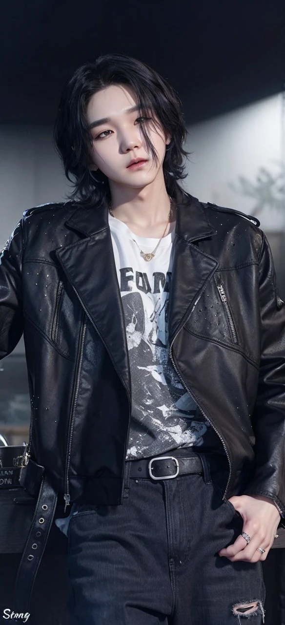 Yoongi from bts with cat ears and tail, with semi-long curly hair, with strong but sexy look