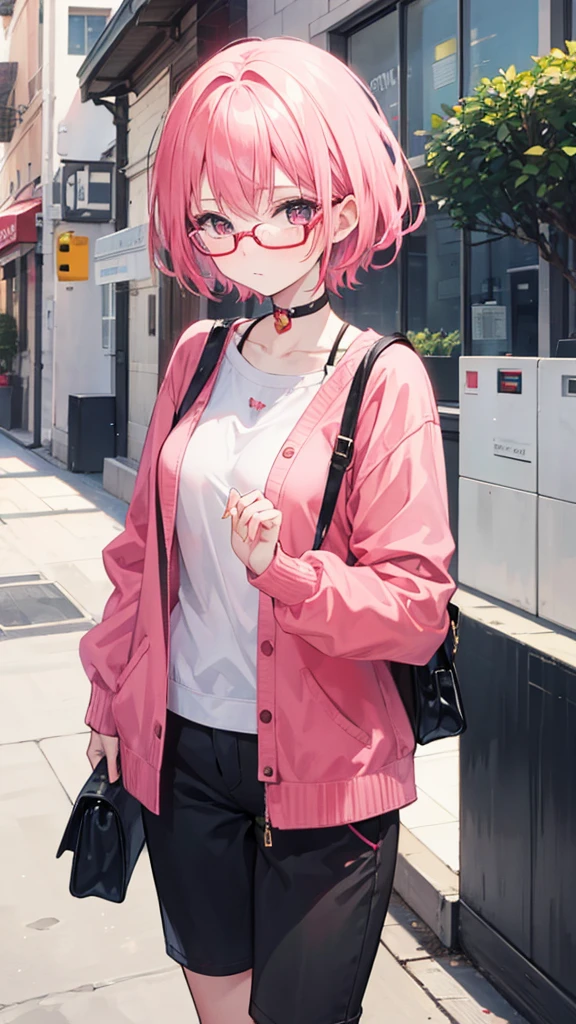 Girl with short pink hair, Wearing a red pair of glasses