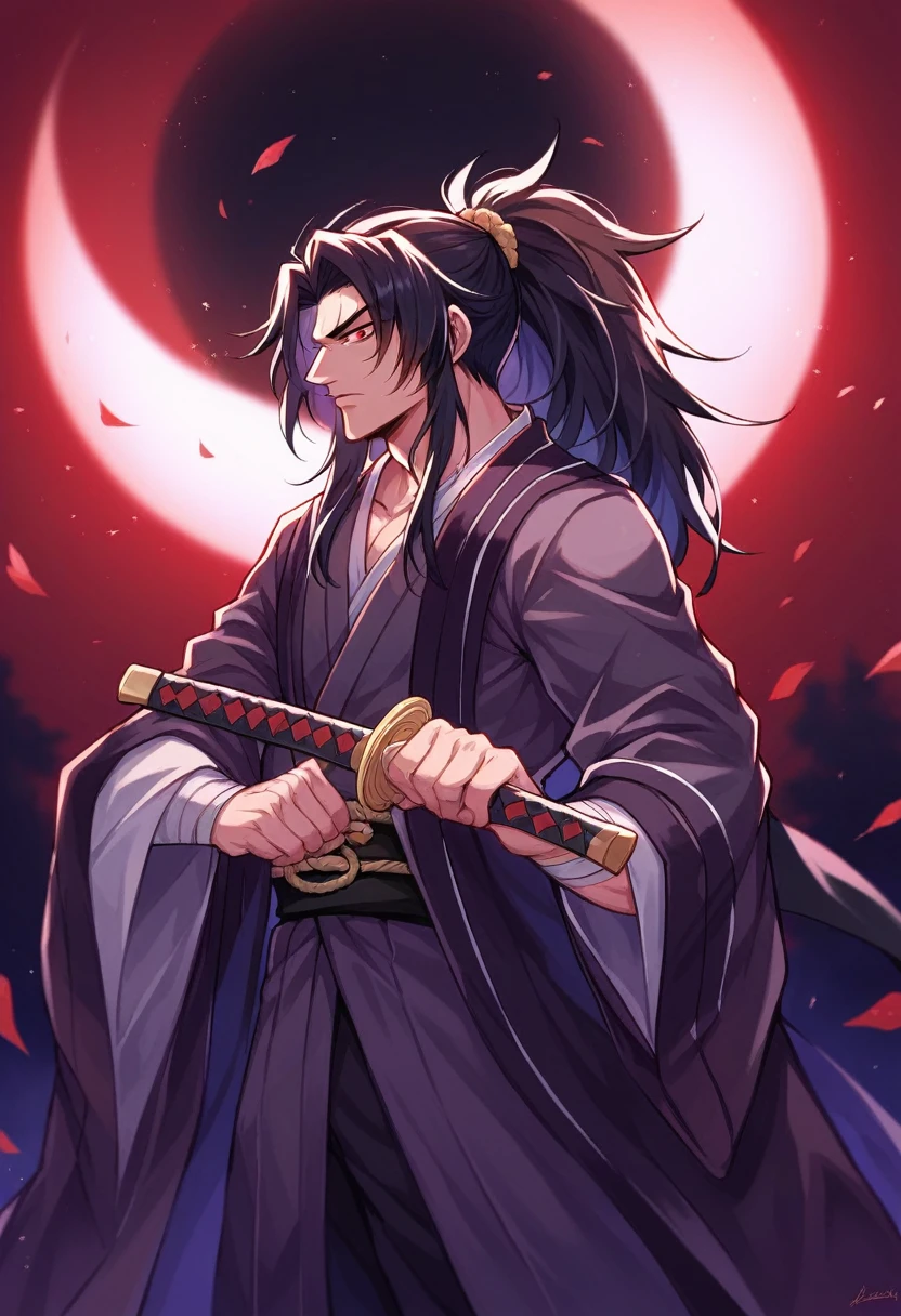 a close up of a person holding a sword in front of a red moon, demon slayer artstyle, handsome guy in demon slayer art, demon samurai, beautiful male god of death, demon slayer rui fanart, itatchi uchiha, demon samurai warrior, onmyoji portrait, madara uchiha, akiyuki shinbou