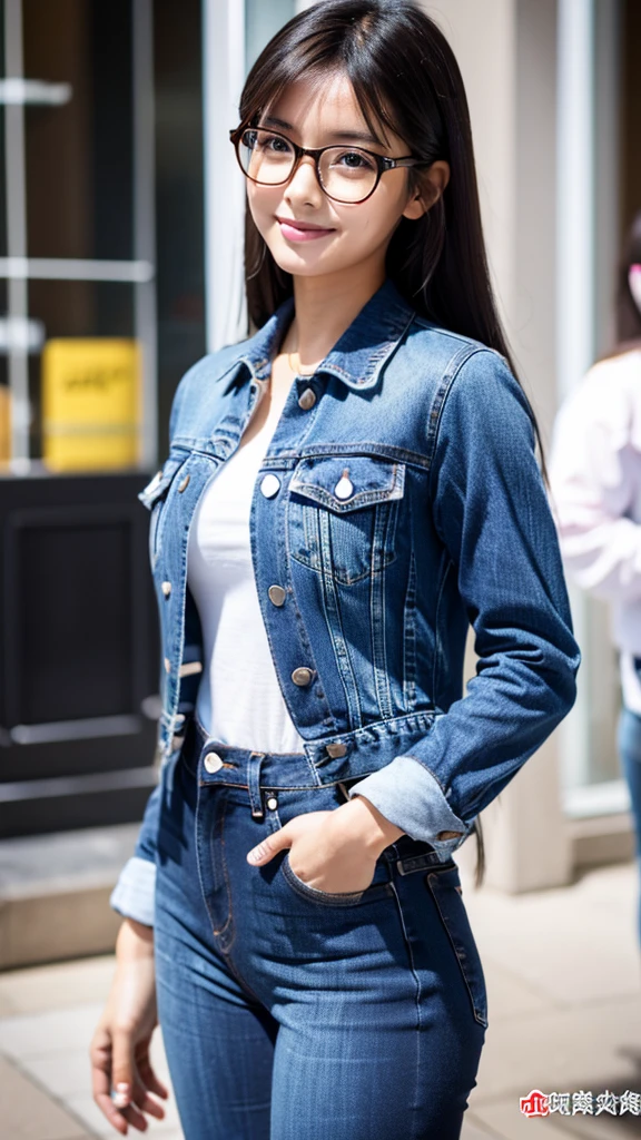 Cute dark skin color Chinese girl wearing glasses, detailed skin tight jeans