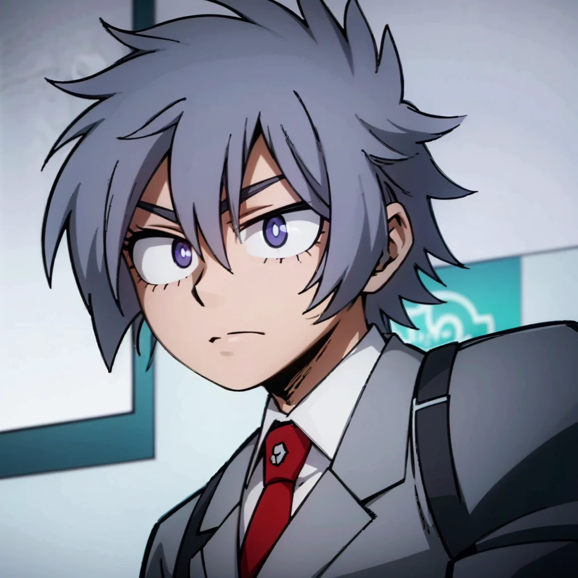 1boy, male focus, boku no hero academia, masterpiece, best quality, very aesthetic, cowboy shot, muscular body, gray jacket, red tie, white shirt, teal pants, boots, short spiky hair, grayish violet hair, cyan eyes