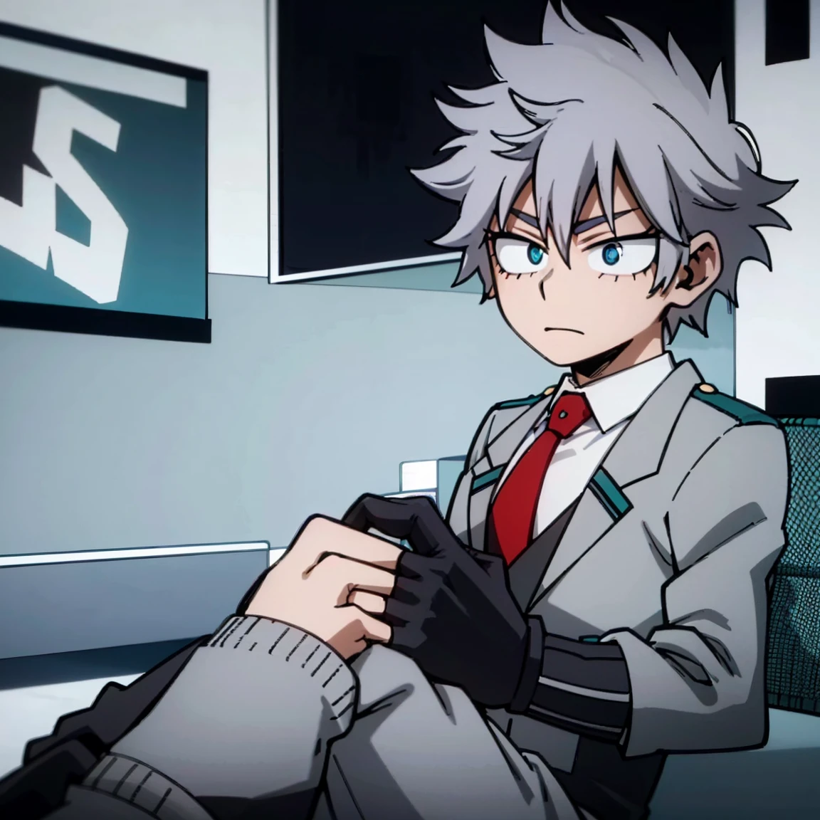 1boy, male focus, boku no hero academia, masterpiece, best quality, very aesthetic, cowboy shot, muscular body, gray jacket, red tie, white shirt, teal pants, boots, short spiky hair, grayish violet hair, cyan eyes