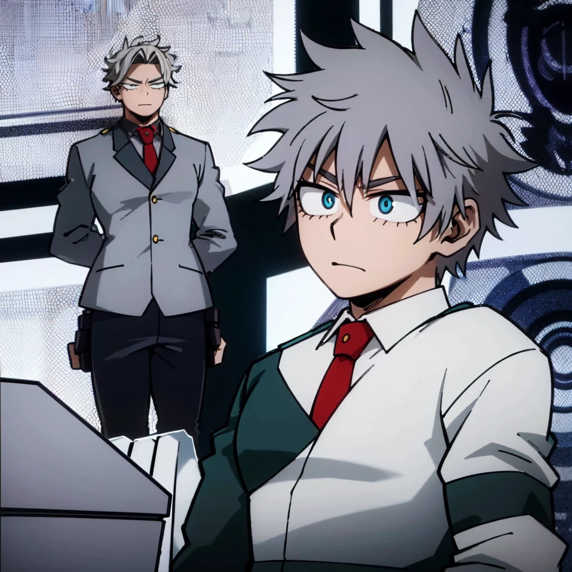 1boy, male focus, boku no hero academia, masterpiece, best quality, very aesthetic, cowboy shot, muscular body, gray jacket, red tie, white shirt, teal pants, boots, short spiky hair, grayish violet hair, cyan eyes