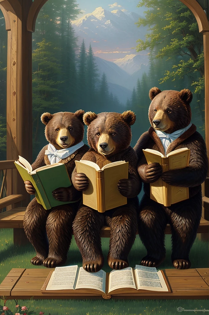 Thomas Kinkade style painting, of 3 bears who are at school and reading books.