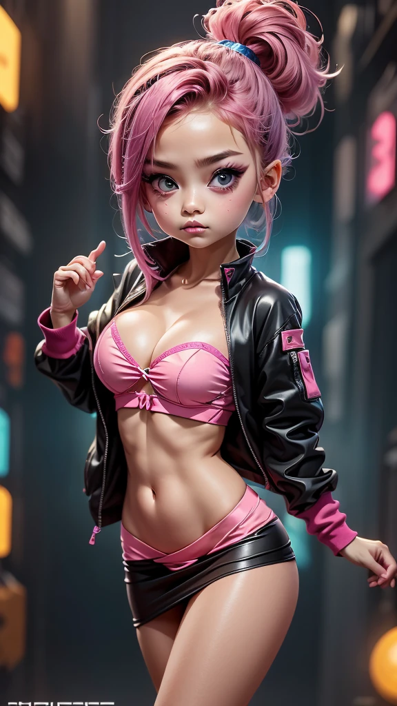 The character costume is KPOP, Hallyu, K-pop anime art style, Hallyu frontline style, Hallyu art style, kpop style, official artwork, Chibi art, Pisif, Blackpink style, cute.     KPOP artwork in various poses, The popularity of Pisif art station, lingerie,  chibi, No watermark, Extra close-fitting mini skirt, open jacket, extra short clear top Strapless, cleavage, style clothing cyberpunk, smallest short short, wide angle, short top, very short,