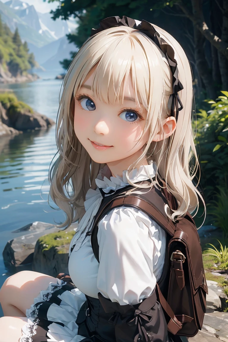 masterpiece,8K, (Highest quality), (Best Shadow), Dynamic Lighting, ((fjord)),(((Sitting on a rock))),((forest)),(Maximum resolution: 1.2), (smile),Backlight,Highly detailed face and skin texture, Delicate eyes, Blue-gray eyes, double eyelid, Natural Cheeks, White skin: 1.2, (Glossy Lips: 1.4),(pretty girl:1.3), (Wavy long hair), (Platinum Blonde Hair:1.2),((Dark Brown Lolita Fashion)),Large Breasts,(Lace skirt),(Small rucksack)