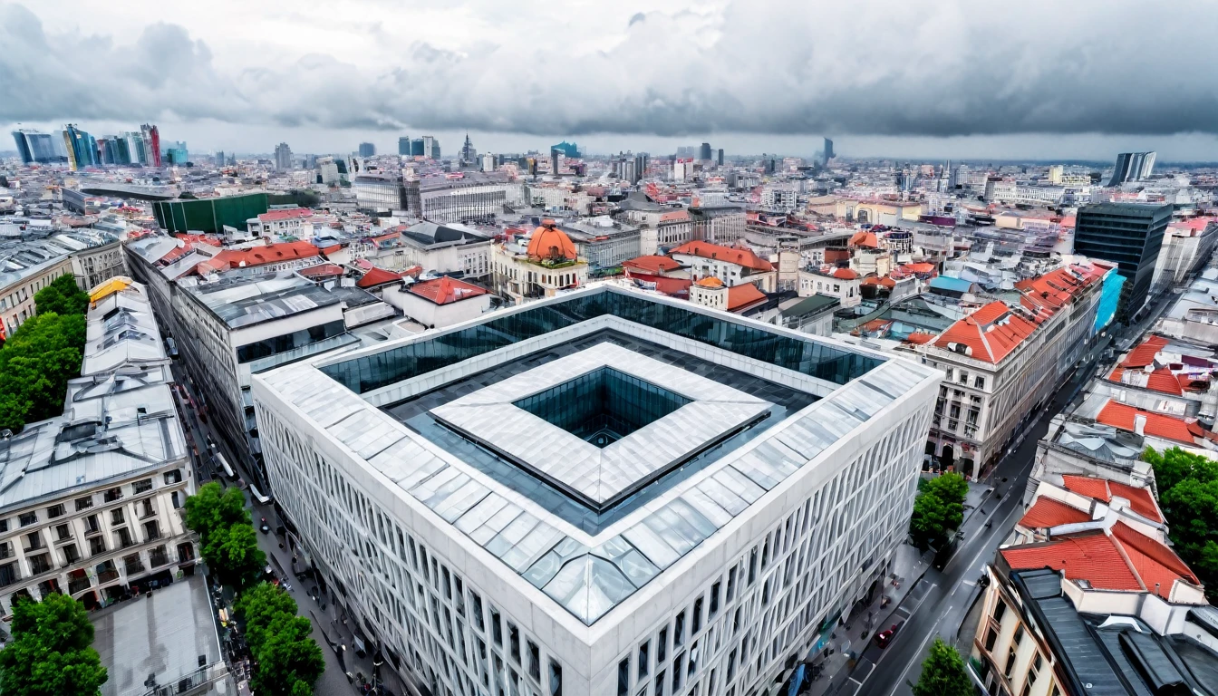 imposing building stands out in the city center, image captured from above, cloudy sky
